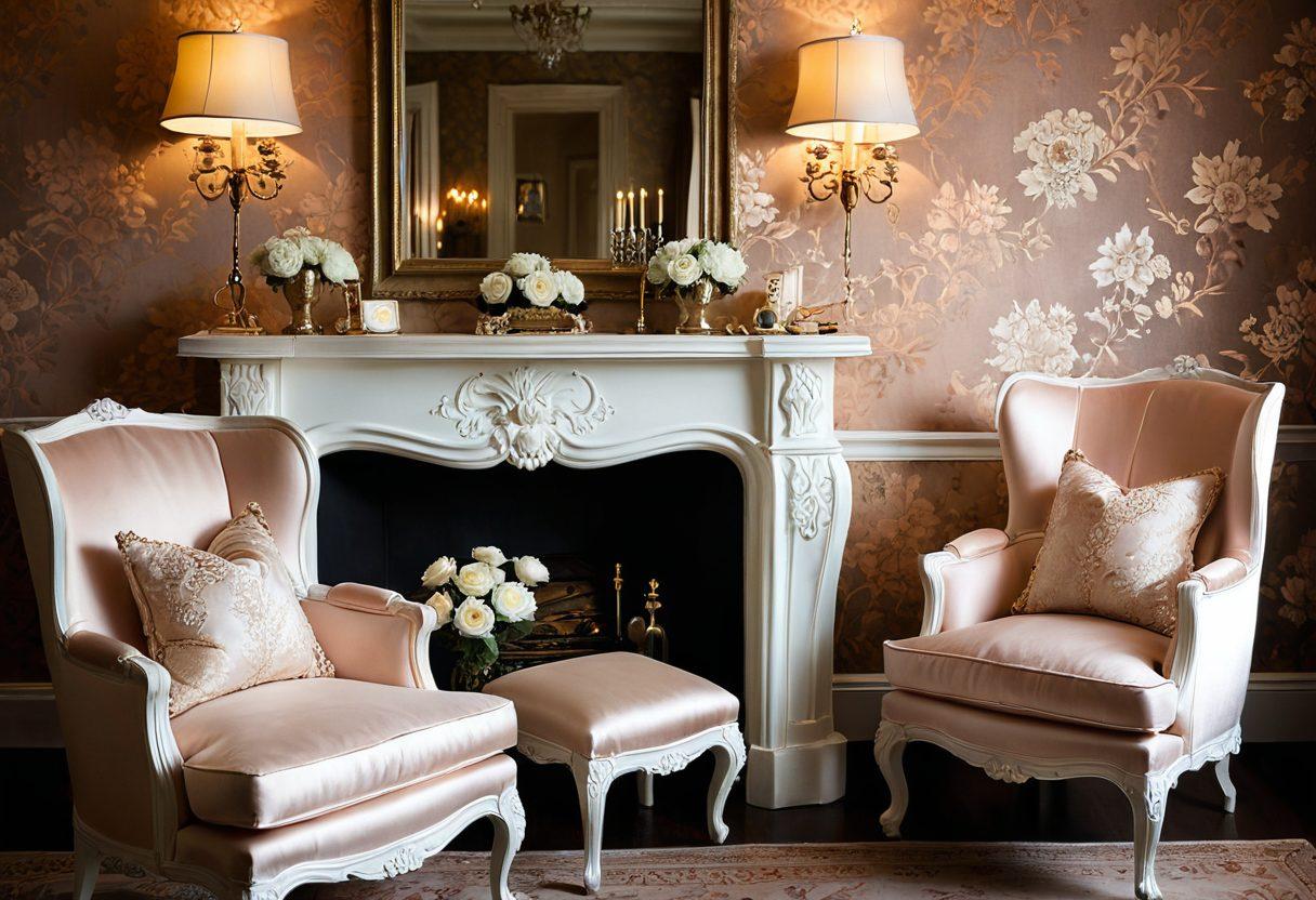 A luxurious bedroom scene featuring an elegant display of intimate wear made from lace and satin, with soft lighting highlighting the textures. Include a vintage jewelry box filled with delicate accessories, and a plush chair draped with silky garments. The background should have subtle floral wallpaper and a hint of a cozy fireplace, evoking a chic and sensual atmosphere. soft focus. romantic colors. warm tones.