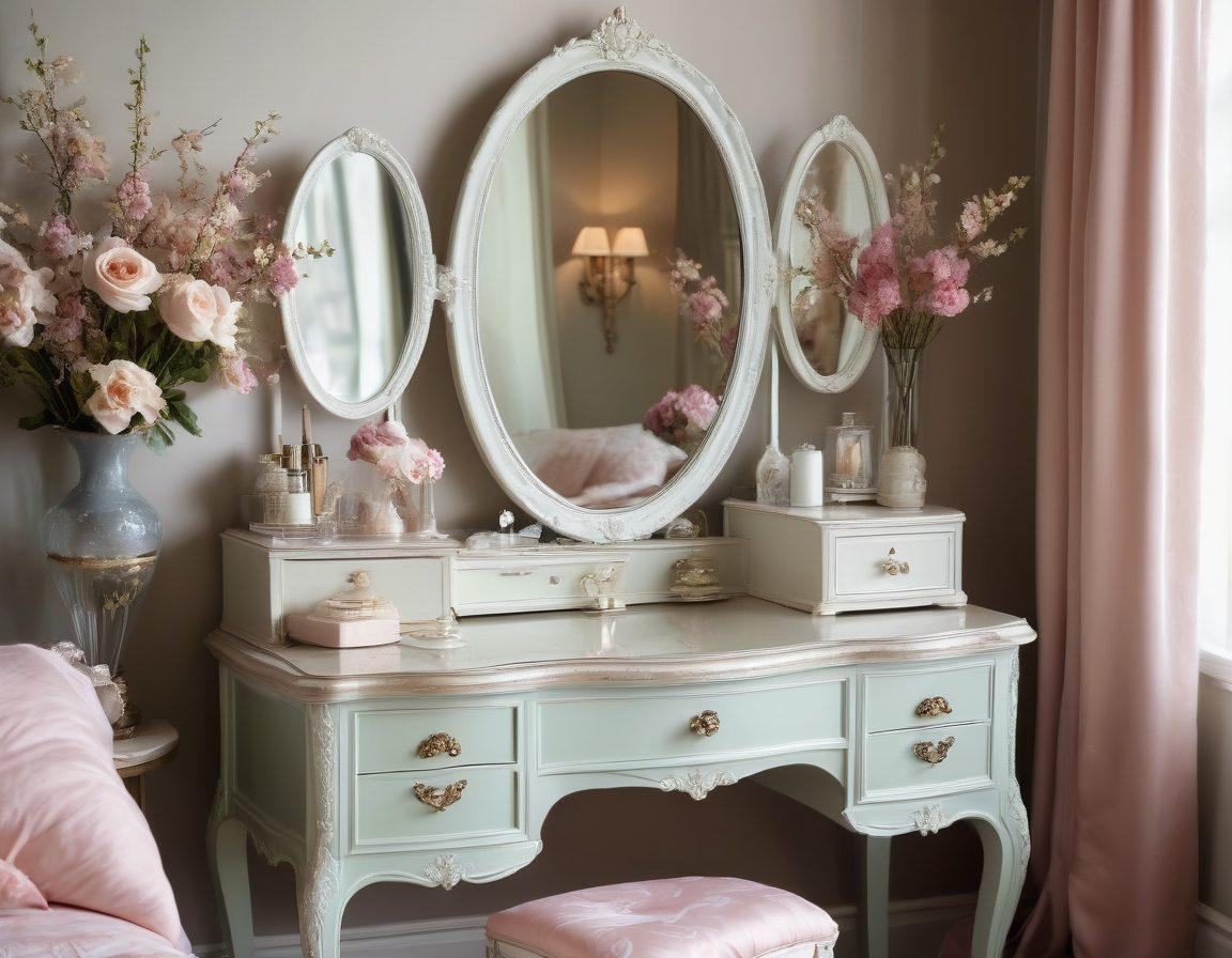 A luxurious bedroom setting adorned with elegant lingerie and romantic sleepwear displayed beautifully on a vintage dressing table. Soft ambient lighting highlights delicate lace and satin fabrics, capturing a sense of intimacy and allure. Include subtle floral accents and a plush, inviting atmosphere. The scene should evoke feelings of indulgence and sophistication. super-realistic. soft pastel colors. luxurious ambiance.