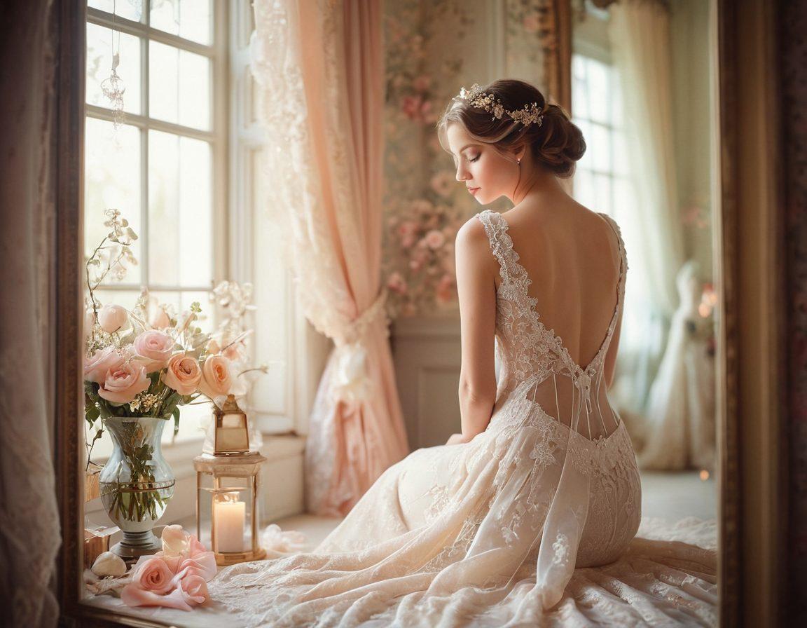A dreamlike bridal scene featuring elegant undergarments displayed on a vintage lace background, surrounded by soft petals and delicate accessories. Include a silhouette of a bride in the background, gazing at her reflection in a vintage mirror, evoking a sense of luxury and romance. Soft pastel colors and ethereal lighting enhance the enchanting atmosphere. dreamy, romantic, soft-focus. pastel colors.